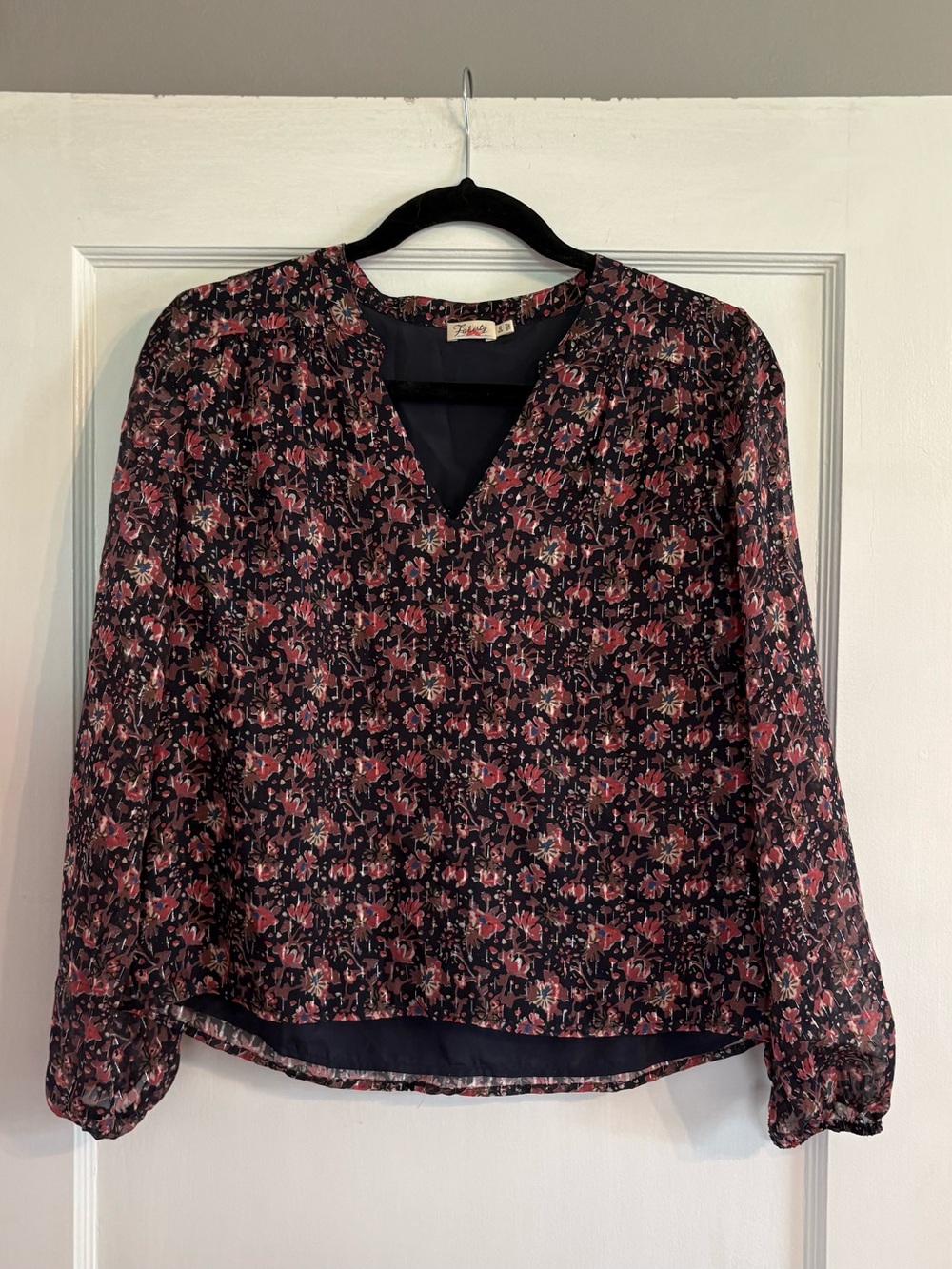 Faherty Women's Navy Floral Long-Sleeve Blouse Size XS